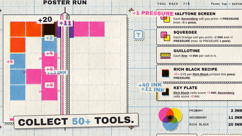 The tool rack firing during a pull, each tool adding to the score